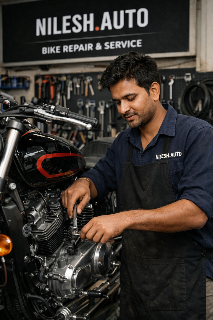 Professional bike mechanic working at Nilesh Auto